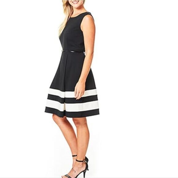 Calvin Klein Black and White A-Line Midi Dress - Picture 1 of 16